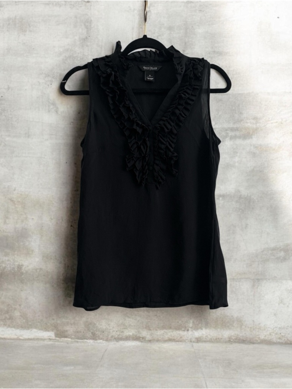 White House Black Market Black Ruffle V-Neck Sleeveless Top